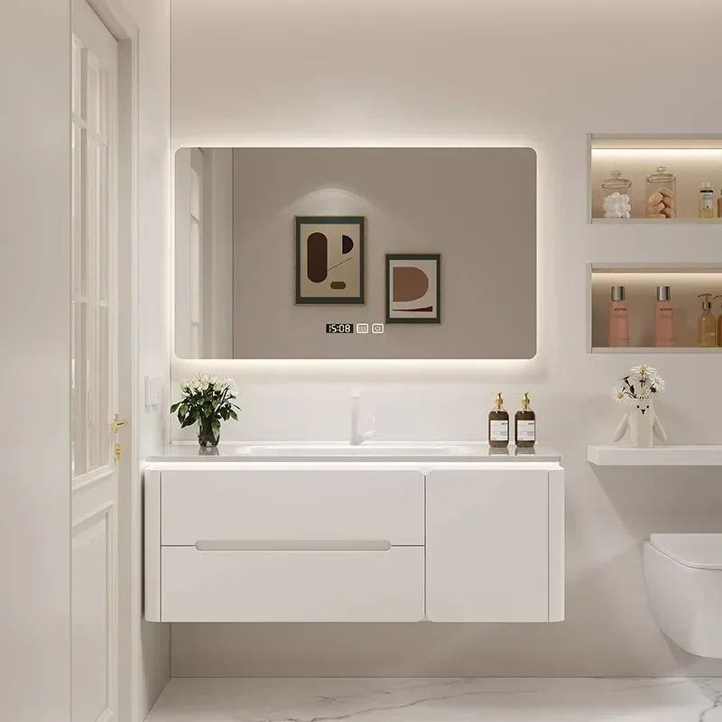 Simple Smart Bathroom Cabinet Ceramic Integrated Basin Makeup Storage Bathroom Mirror Cabinet Fashion Home