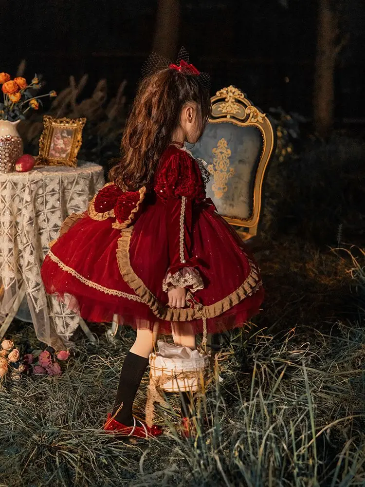 Winter Spanish Shiny Girls Red Lolita Princess Ball Gown Bow Plus