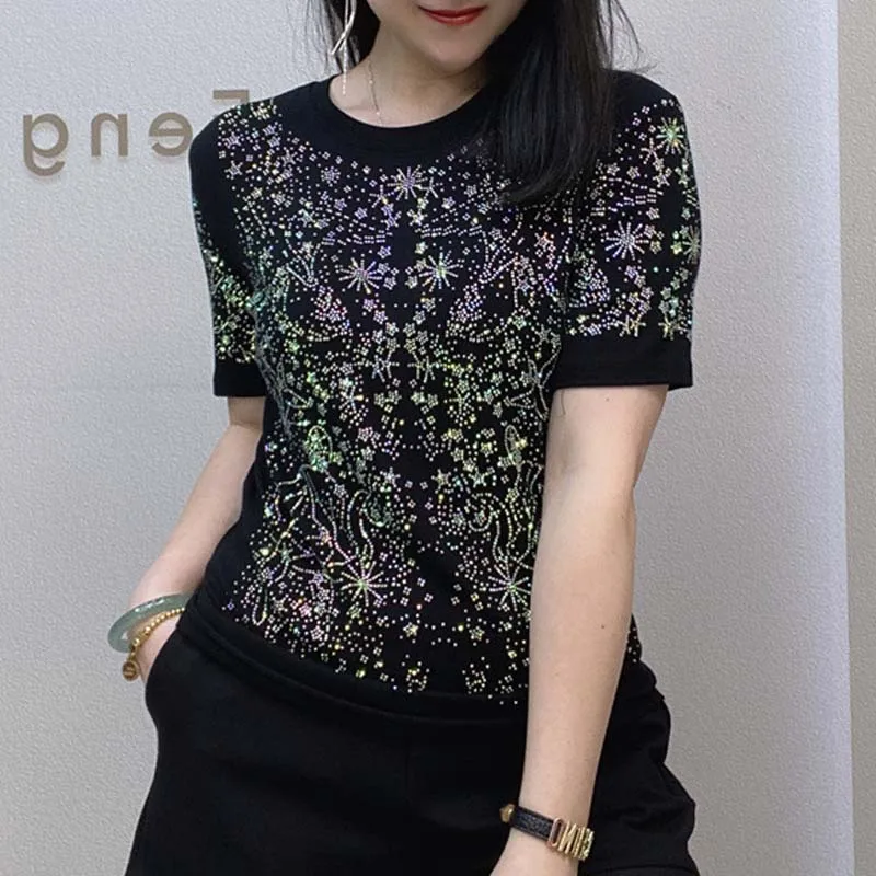 

European and American T-shirt for Women High Elastic Bottom Top Shiny Diamonds White and Black Good Quality Female Tee SY2582