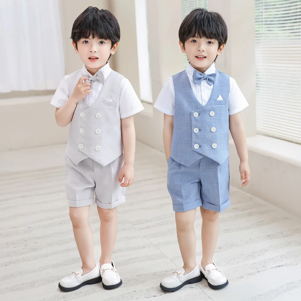 

Children Soft Comfortable Fabric Photography Suit Boys Summer Vest Shirt Shorts Bowtie Birthday Costume Kids Wedding Party Dress