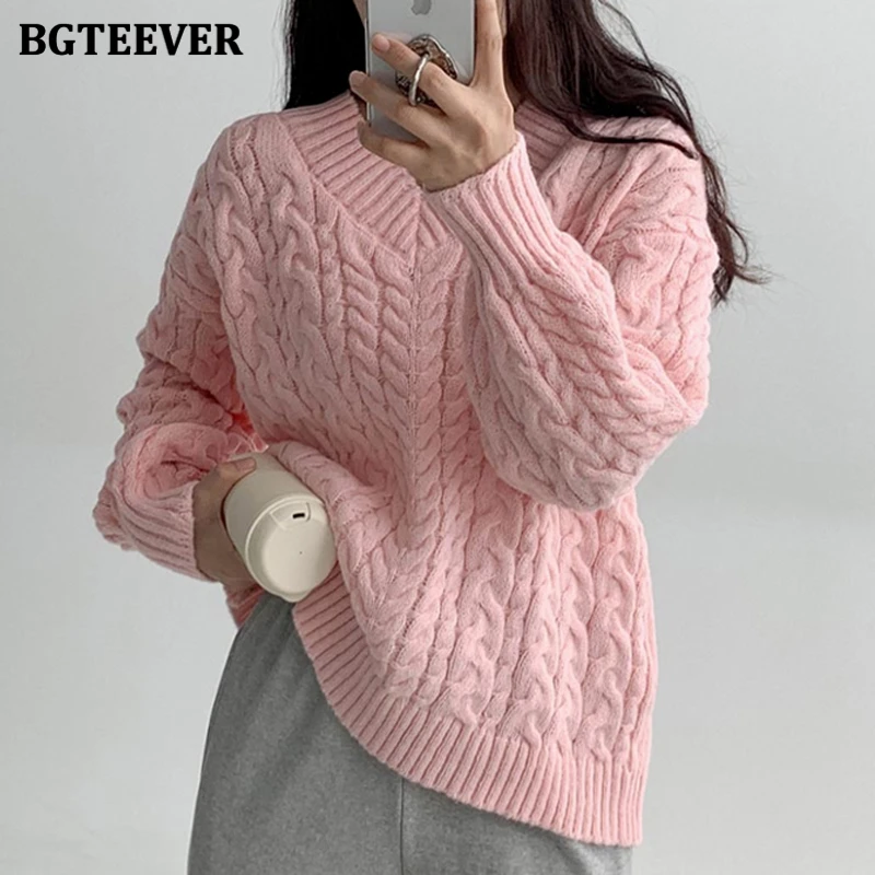 

BGTEEVER Autumn Winter V-neck Long Sleeve Warm Loose Female Knitted Sweater Tops Casual Thicken Ladies Solid Pullovers Tops