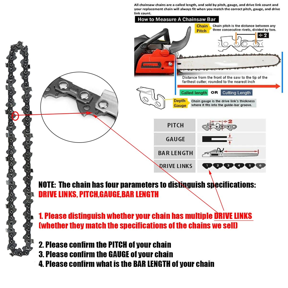 1/2/4PCS 4 Inch .043" Gauge 28 Drive Links 1/4" Pitch Chainsaw Chain Guide Semi Chisel Chain Bar Wood Cutting for Electric Saw
