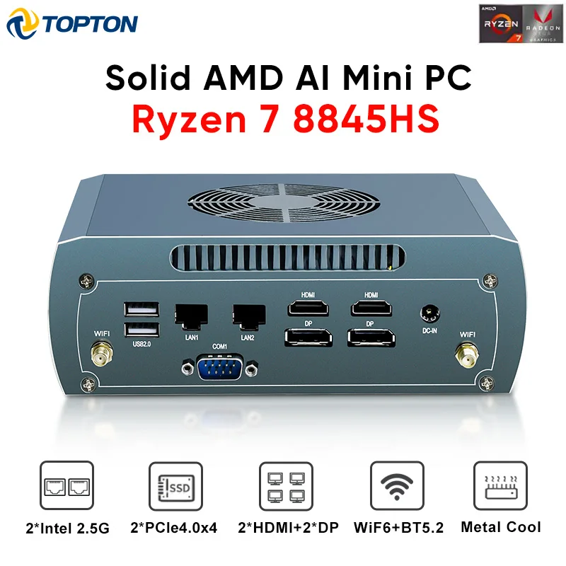 FU03 AI Mini PC AMD Ryzen 7 8845HS 2*Intel 2.5G 2*DDR5 2*NVME 2x HDMI Firewall Router Windows 11 4x8K WiFi6 Gaming Mini Computer 2