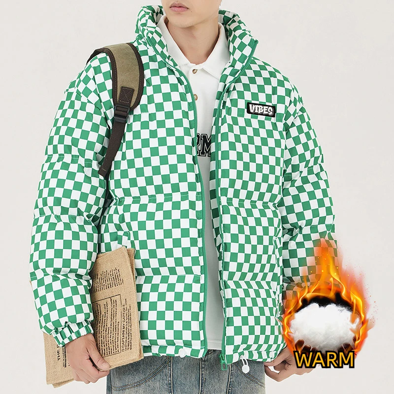 

2023 Men Plaid Warm Puffer Short Coat Men Long Sleeve Down Jackets Winter Thick Snow Outwear Cold-Proof Jacket Male Glossy Coats