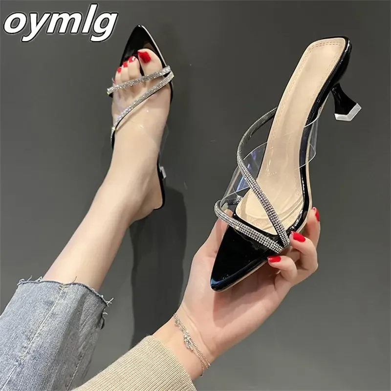 

2024 summer new sandals and slippers women wear crystal stiletto open toe high heels cool plus size slippers women