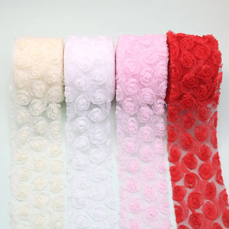 Rose Flower 3D Chiffon Lace Trim Ribbon Fabric for Applique Sewing Wedding Headdress Decoration Accessories 5yards/roll 14colors silk satin ribbons fabric flowers