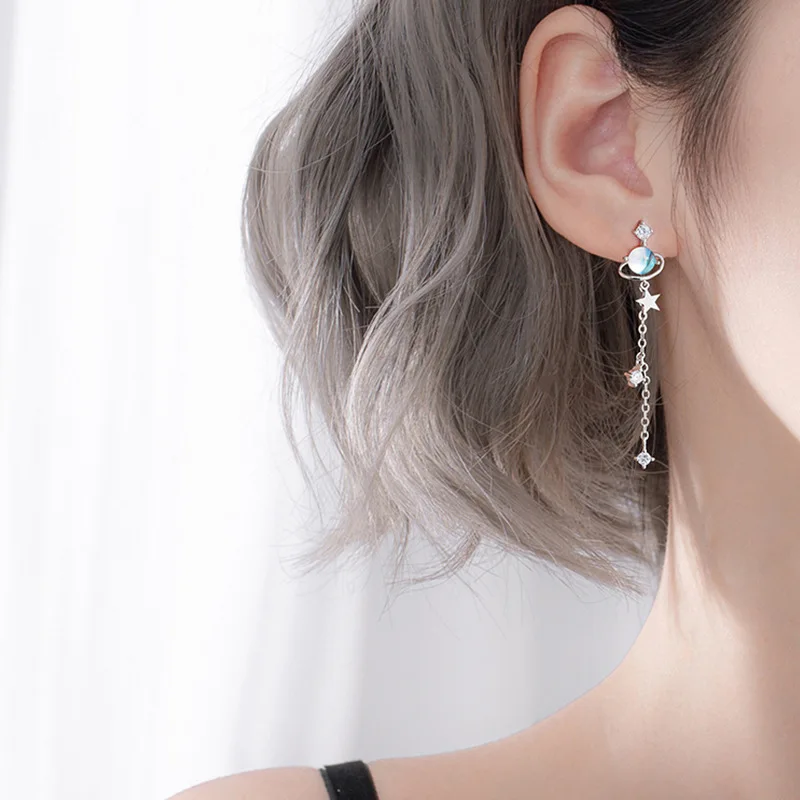 CIAXY Silver Color Star Earrings for Women Blue Space Universe Planet Zircon Circle Long Earrings Korean Fashion Jewelry - Image 2