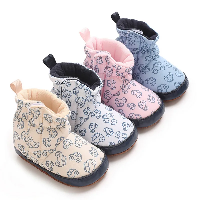 RUEWEY 0 to 18 Months Baby Bootie Fashion Car Print Socks Slipper Winter Warm Infant First Walker Shoes with Gripper Soles 1
