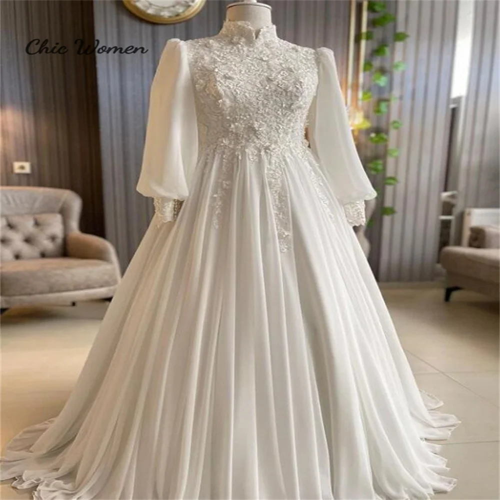 

Vintage Muslim Wedding Dress 2023 Islamic Puff Sleeve A Line Lace Church Bridal Gown High Neck Chiffon Garden Japan Style Bride