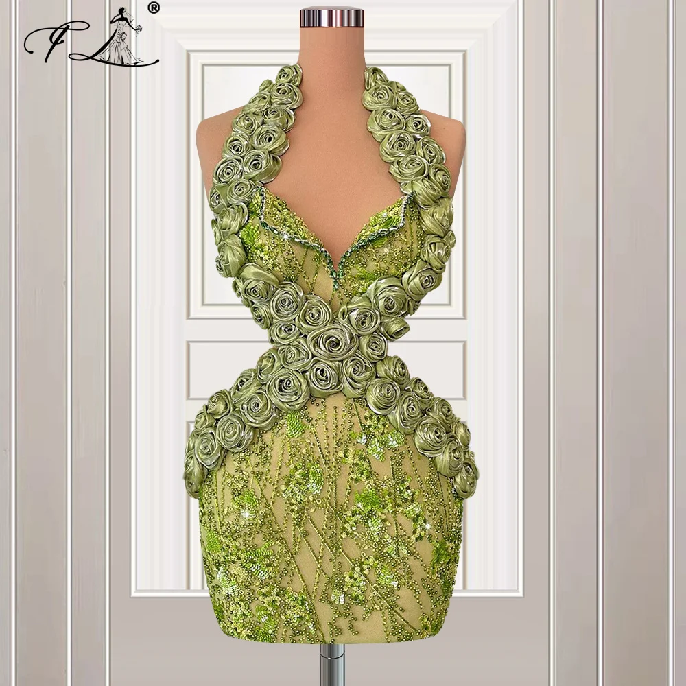 Bright Green Floral Short Prom Dresses Sexy Beaded Mini Birthday Party Dance Cocktail Dress Customized