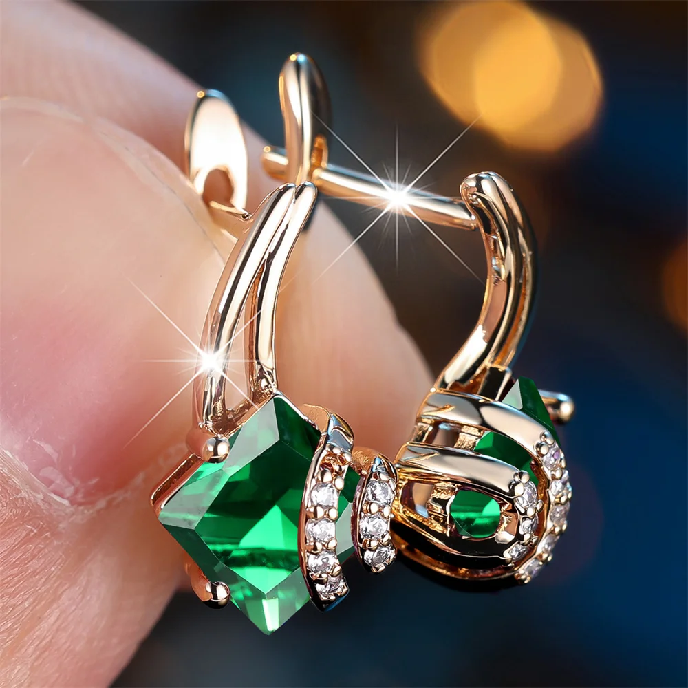 Cute Green Crystal Square Stone Geometric Hoop Earrings For Women Vintage Gold Color Ear Buckle Wedding Jewelry Engagement Gifts