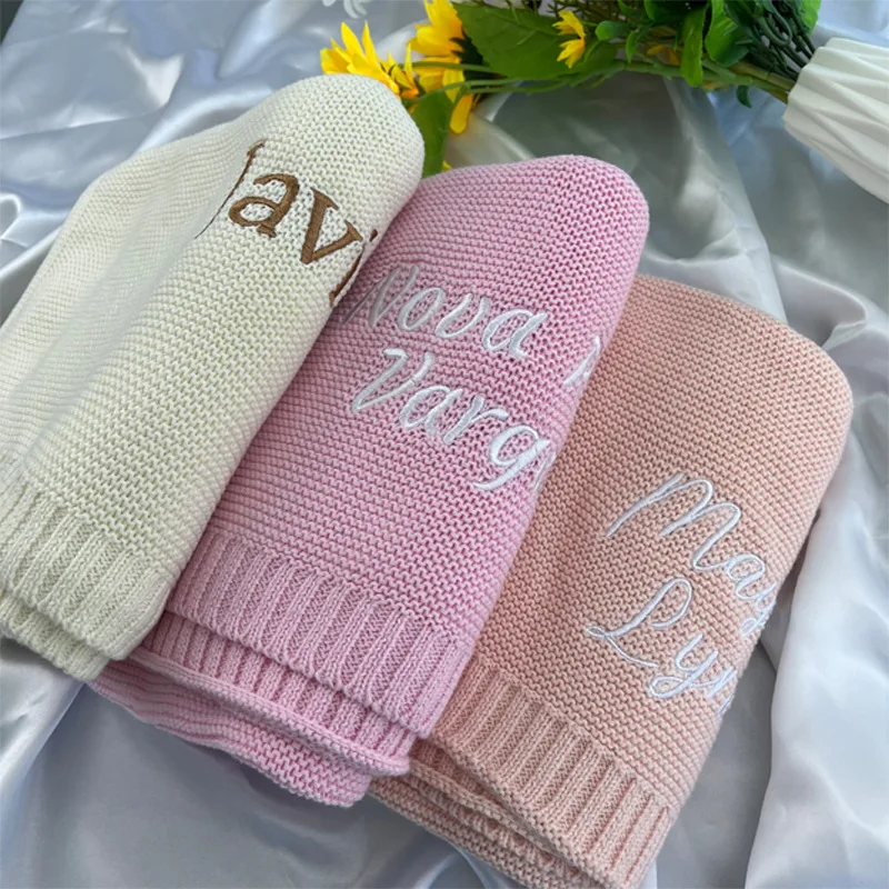 Personalized Baby Blanket Name Knited cotton Embroidery name Newborn kids girls boys gifts