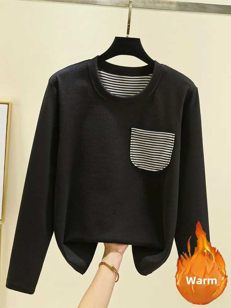 Thiened Winter Warm Base irt Women's round Ne ket T-irt Faionable Inner Wear Long Sve Fce Lined Top