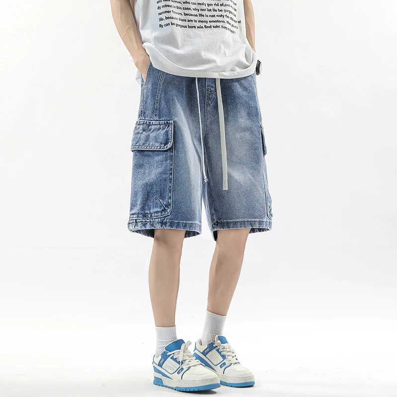 Summer Workwear Denim Shorts Street Men's Loose Straight Shorts Stretch Waist Casual Jogging Outdoor Five-Cubic Pants 1