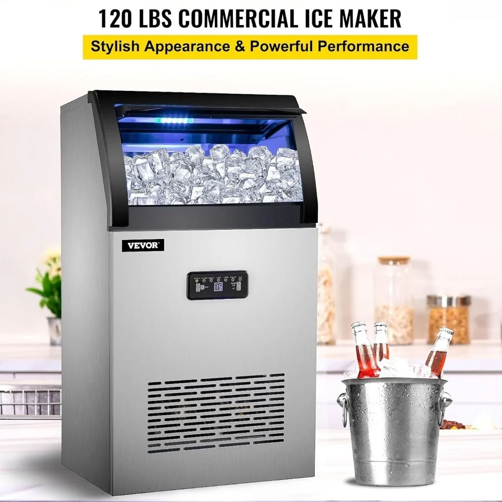 Commercial Ice Maker Machine, 119 LBS/24H Stainless Steel Under Counter Ice Machine with 24 LBS Storage