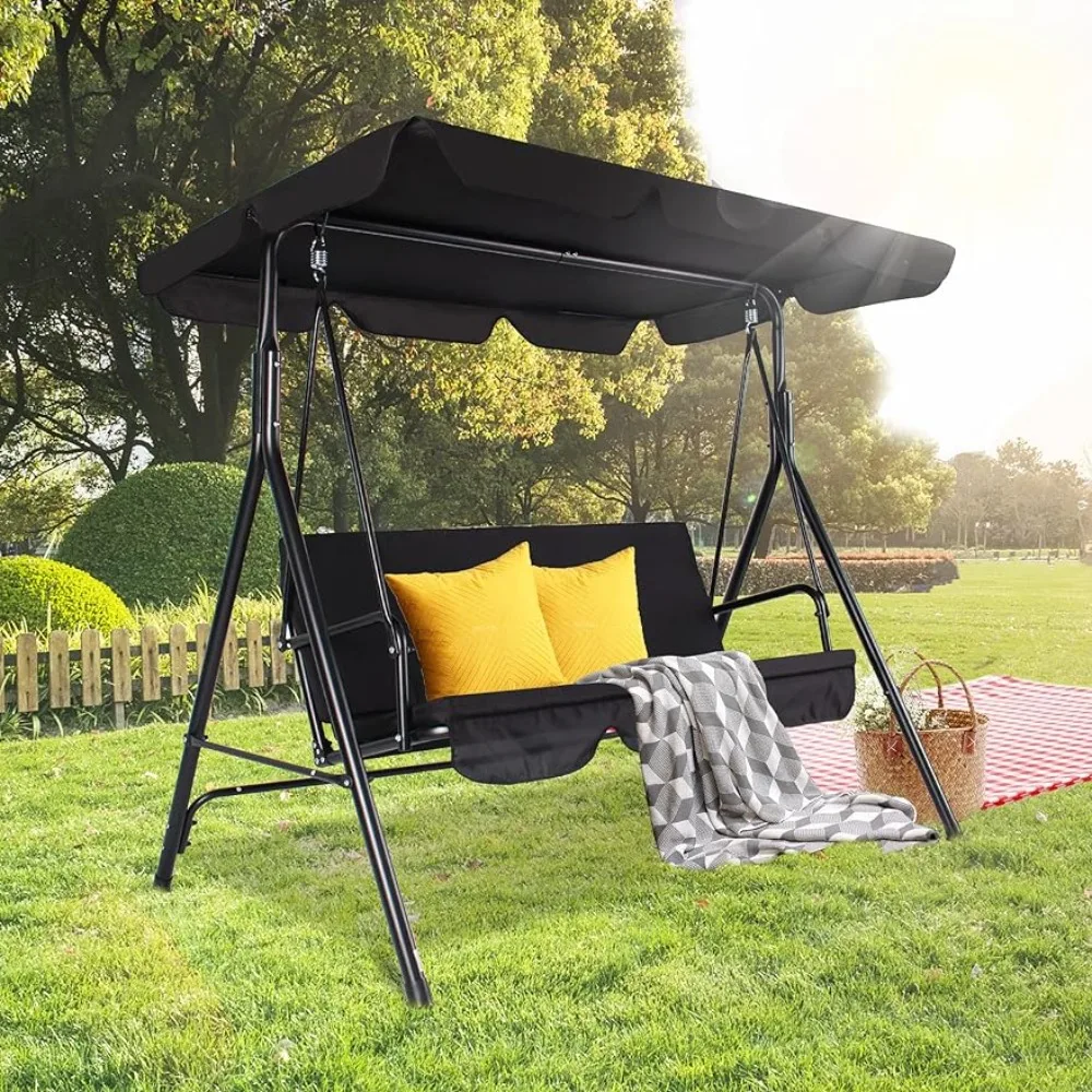 3-Seats Outdoor Patio Swing Chairs with Adjustable Tilt Canopy & Durable Steel Frame, Porch Swing Outdoor Swings Adults, (Black)