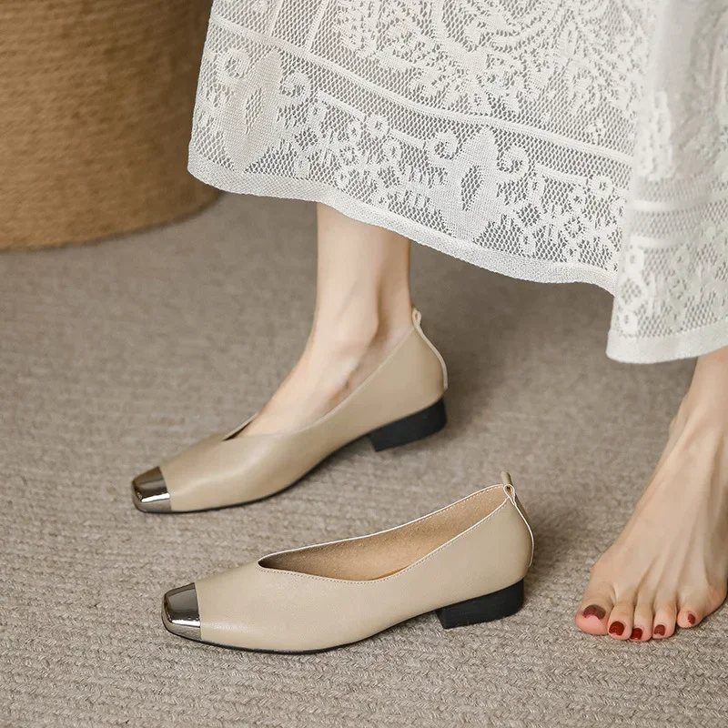 Flat Shoes Fashionable Genuine Leather Mother's Shoes New Casual Shoes Shallow Cut Low Heels Women  Comfortable High Heels