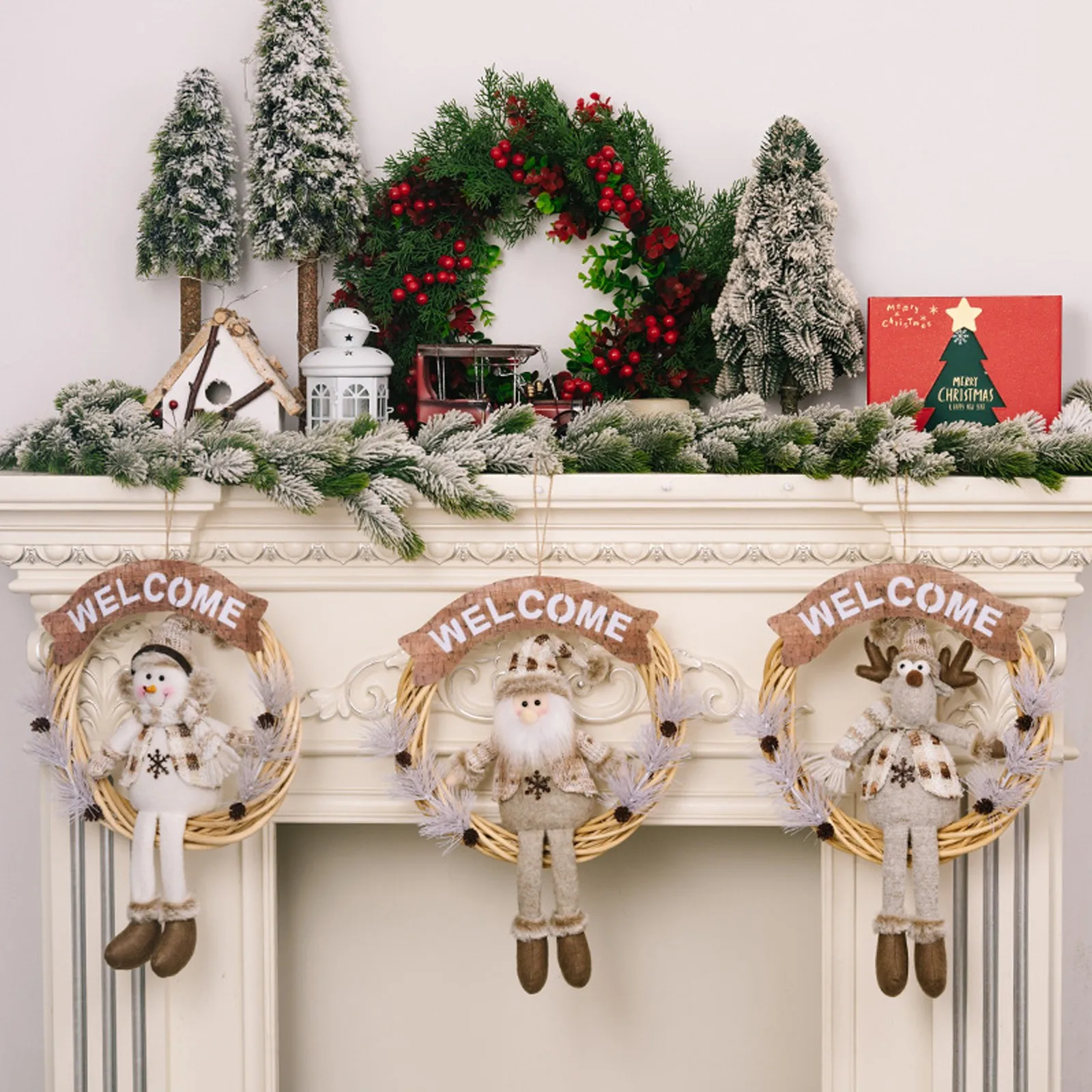 Flower Wreath Pendant Santa/Snowman/Deer Dolls Decoration Handmade