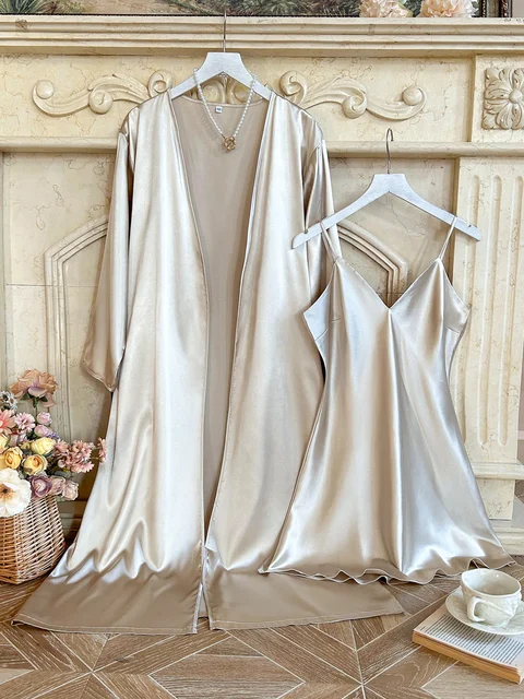 Summer fashion and sexy V-neck home bathrobe and nightgown 2pcs set