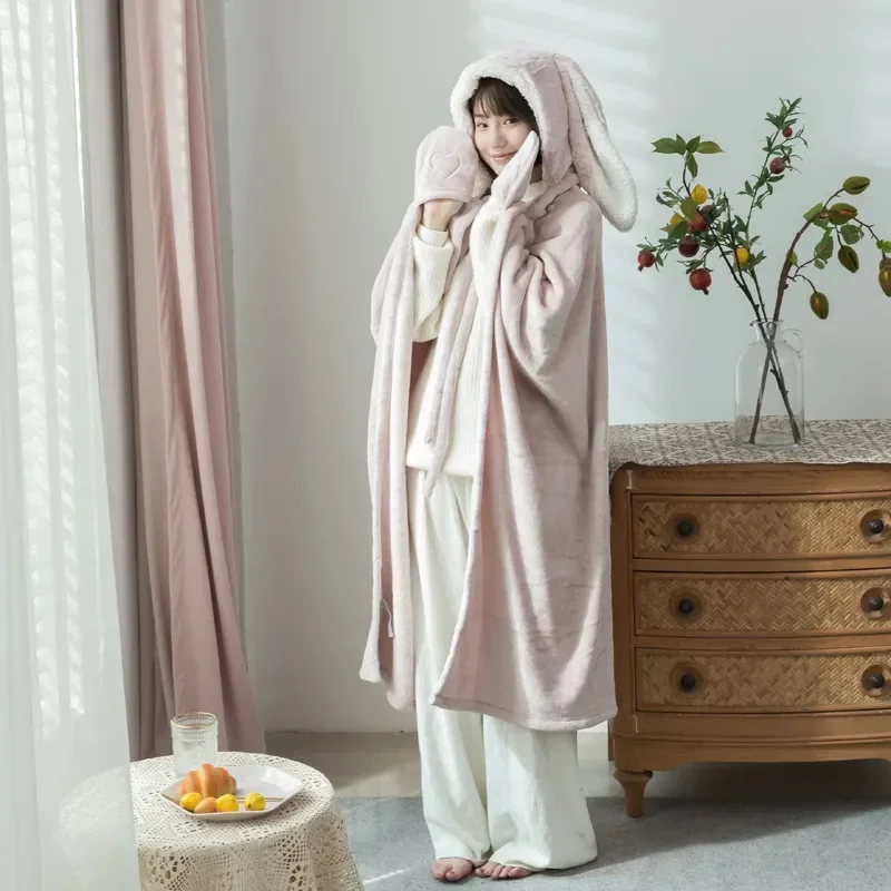 

Rabbit Ear Thickened Blankets Comfortable for Picnic Travel Fleece Wearable Throw Blanket Hooded Cloak Winter Warm