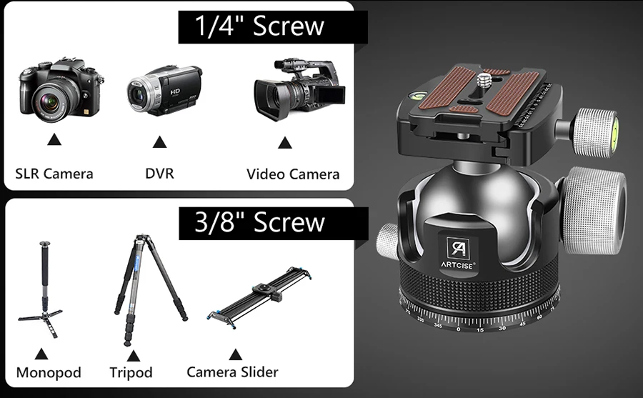 Description Picture 5 of itemARTCISE 44mm/55mm Low Profile Tripod Ball Head, All Metal CNC Heavy Duty Tripod Head for DSLR Camera Tripod Monopod Load 40kg
