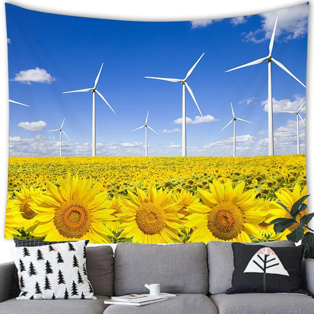 

Windmill Field Yellow Flower Tapestry Sunny Blue Sky Watercolor Sunflower Tapestries Wall Hanging Bedroom Living Room Dorm Decor