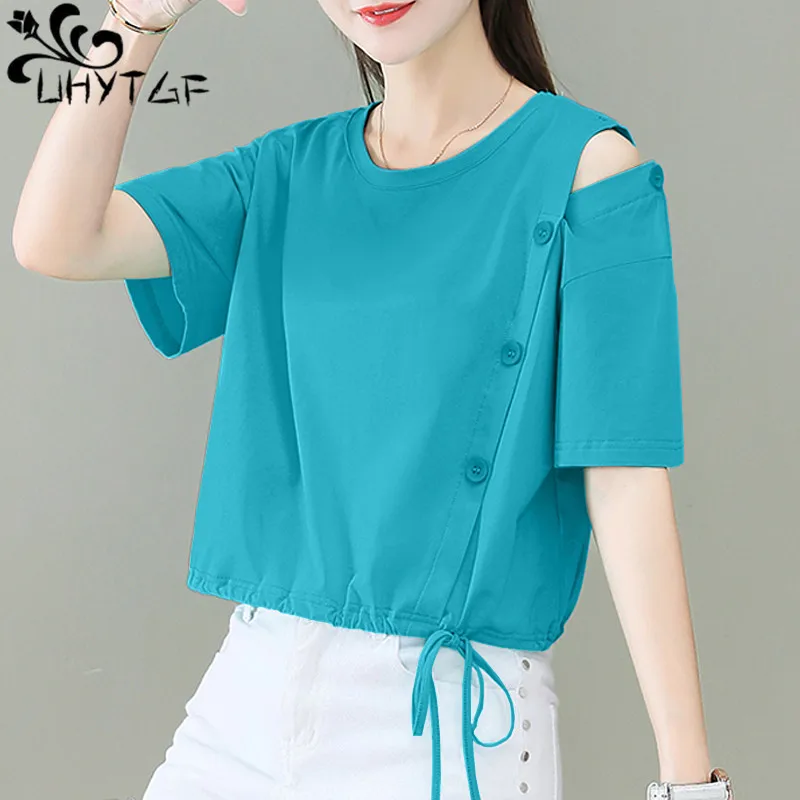 

UHYTGF Short Top Women Fashion Off-Shoulder Summer T-Shirt Female Solid Color O Neck Pullover Thin T-Shirt Female Camisetas 2138