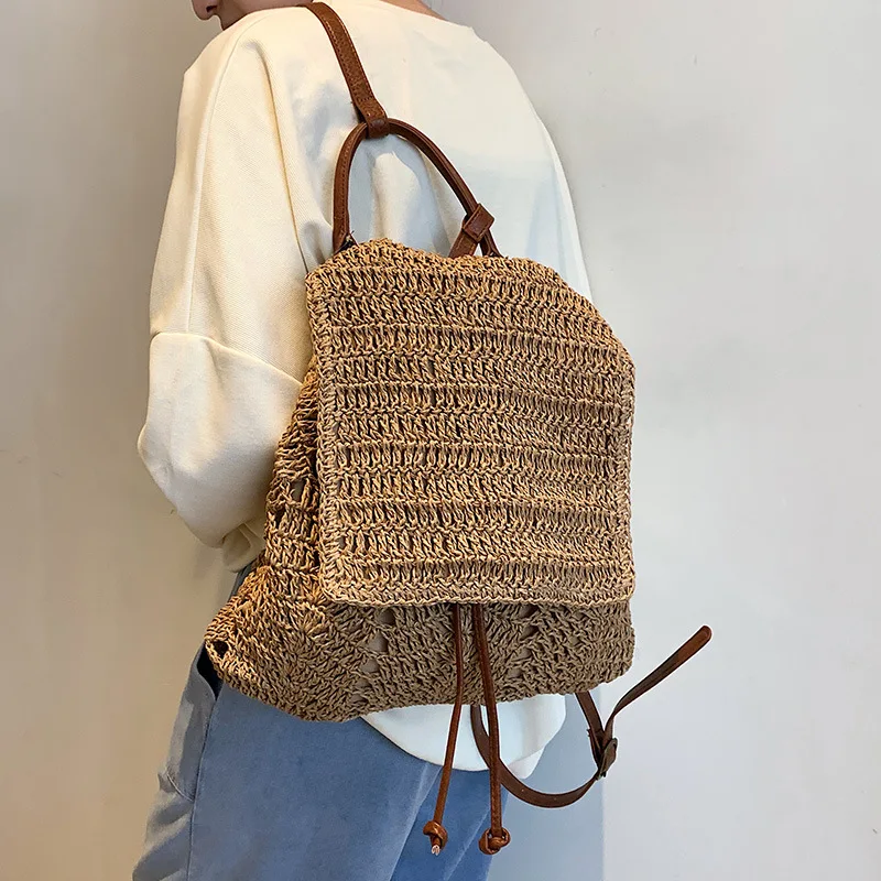 

Women Straw Backpack Shoulders Bag Handmade Woven Casual Beach Top Handle Bags for Women Traveling Shopping