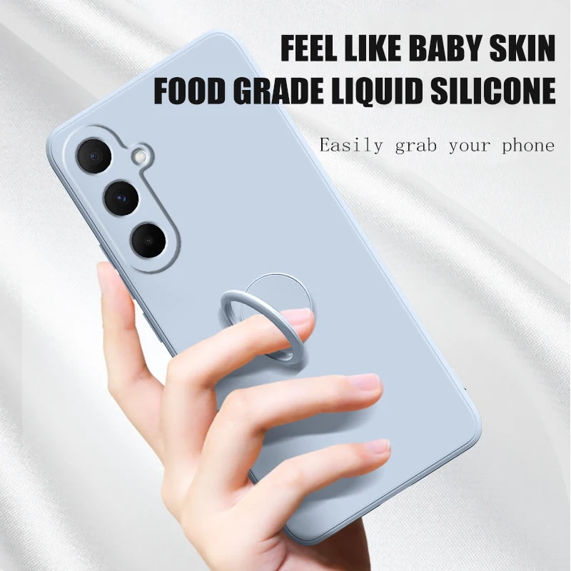 Enhanced Solid Color Silicone Phone Case with Finger Ring Stand Holder and Lens Protection