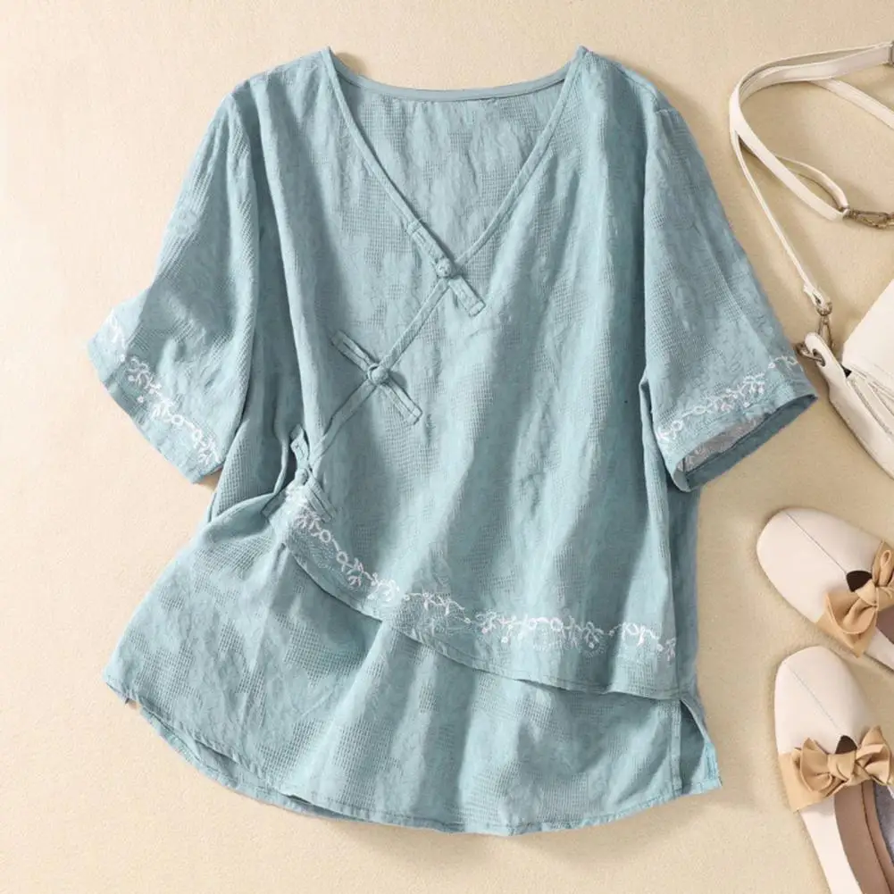 Top Da Donna In Cotone E Lino Elegante Camicia Da Donna Etnica Con Abbottonatura Obliqua Fibbia A Disco Dettaglio Scollo A V Manica Corta Vestibilità 