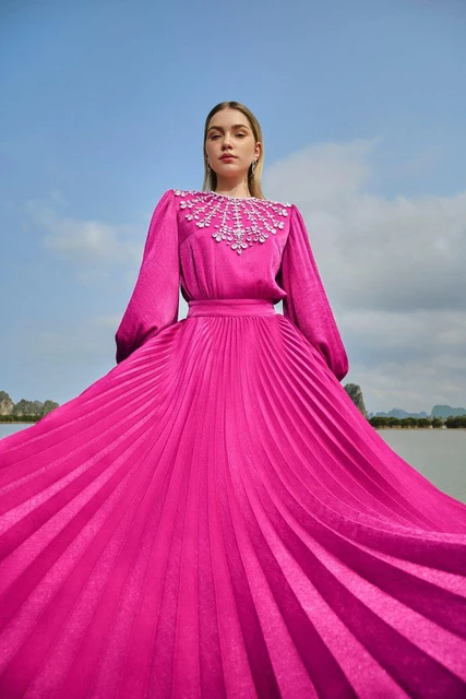 vestidos para mujer elegantes y bonitos Hot Pink Pleated Silk Long