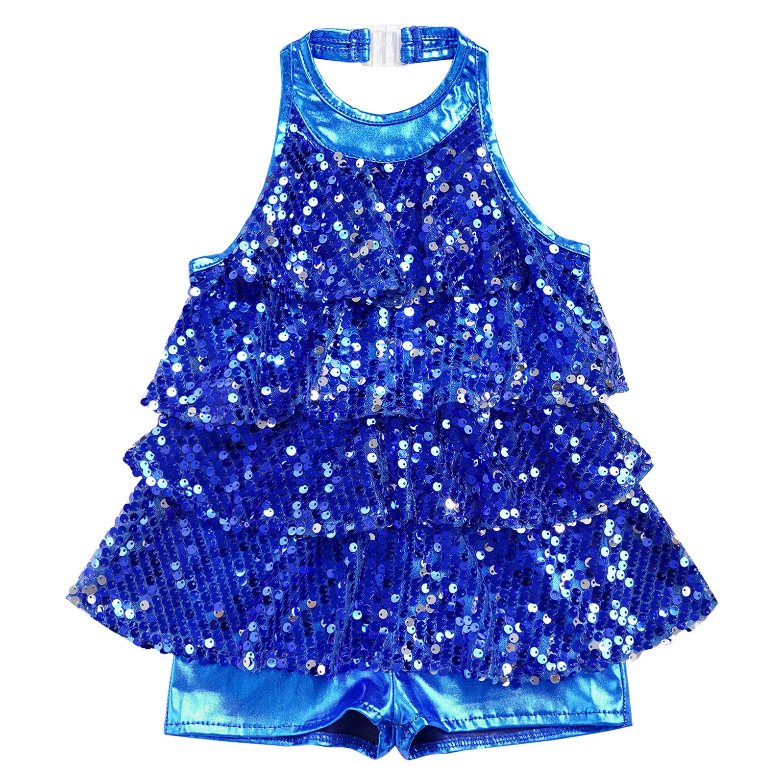 thumbnail image 1 of Niños Niñas Halter lentejuelas brillantes Ballet danza Shorty Unitard vestido con borlas moderno Jazz Latino baile de hip hop trajes de actuación, 1 of 5