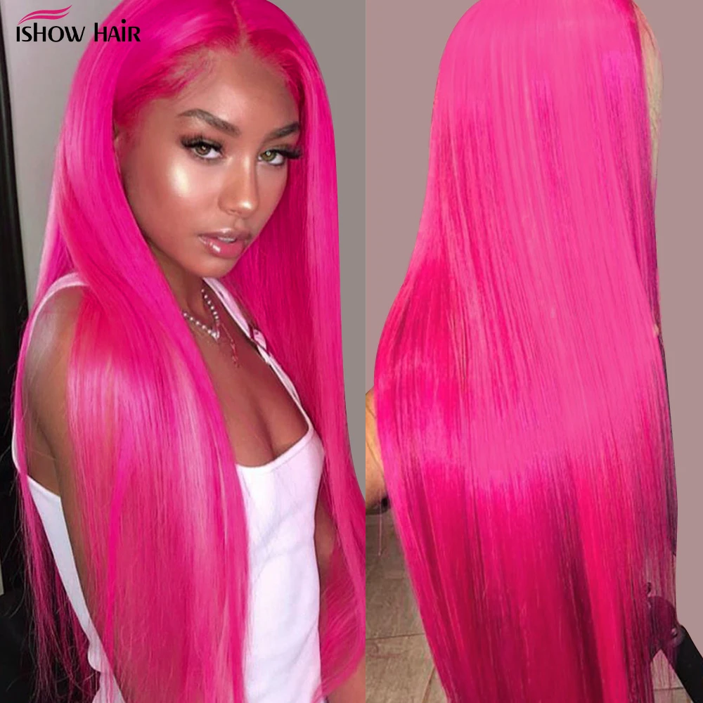 Ishow 30inch Glueless Hot Pink Wig 13x6 HD Transparent Lace Front Human Hair Wigs Colored Straight Human Hair Wigs For Women