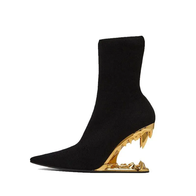 

Women Ankle Boots Metal Strange High Heels Hollow Out Pointed Knitted Elastic Socks Female Boots Sexy Ladies Booties Woman