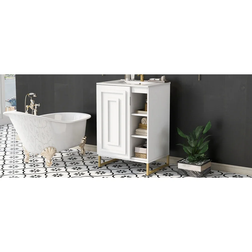 24 Inch White Bathroom Vanity Sink Combo for Small Space, Modern Design with Ceramic Basin, Gold Legs and Semi-open Storage