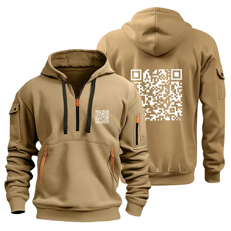 Zip Up Hoodies QR Code Hooded fu you Sports Pullover Harajuku spring Long Sleeve Multi-pocket Loose Coat Novelty Sweatshirts top