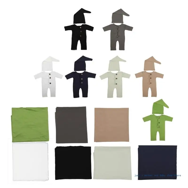 

67JC 0-2Month Baby Girl Boys Photo Blanket Jumpsuit Long Tail Turban Hat Photo Outfit
