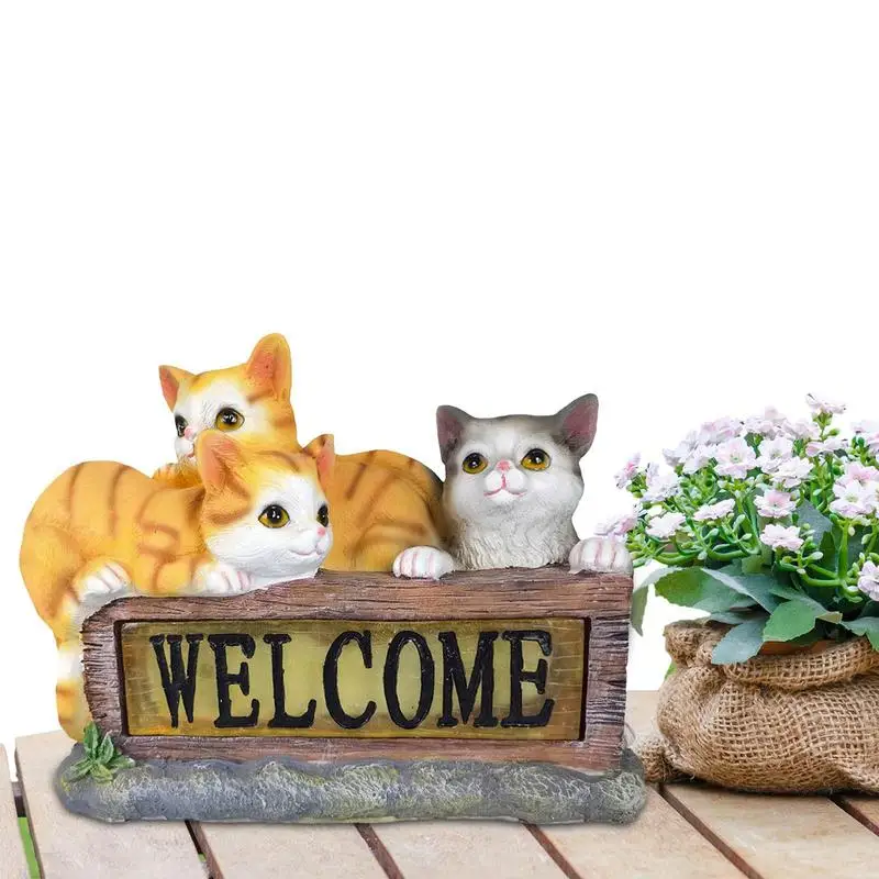 

Cute Cat Garden Statue With Solar Lights Resin Figurine Ornament Outdoor Home Garden Decorations Gifts Outdoor Decor Ornament