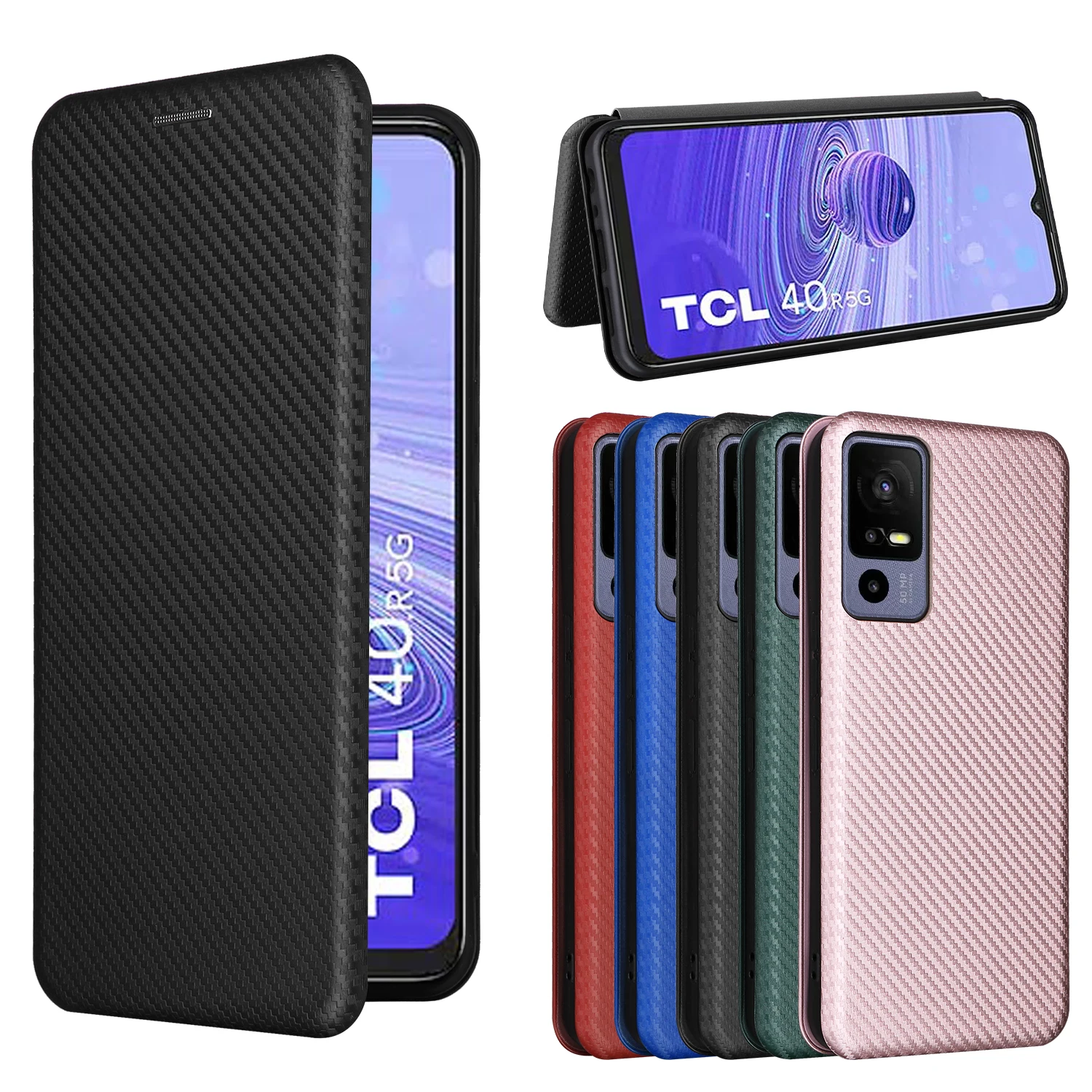 Carbon Fiber Flip Leather Wallet Case with Magnetic Closure and Card Slots - Slim Cover