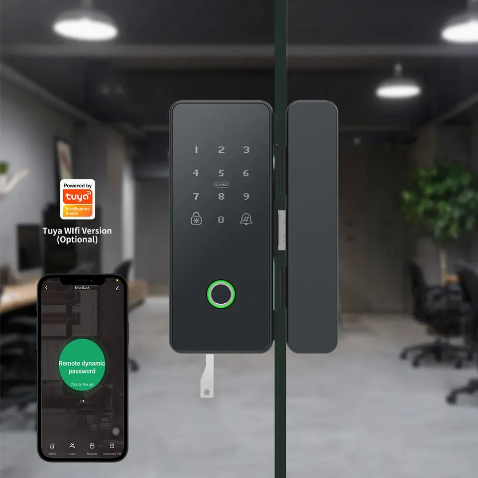 

High Security Smart Home Tuya Biometric Smart Glass Door Lock with Key Used In office
