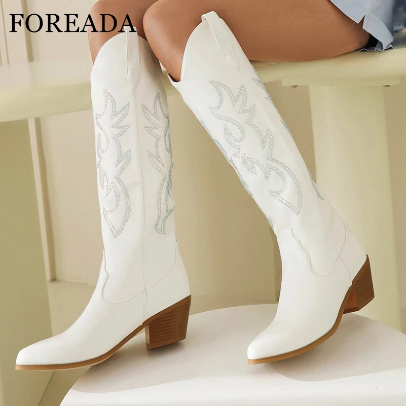 

FOREADA Women Knee High Gogo Boots Round Toe Chunky Mid Heels Crystal Western Cowgirl Long Boots Ladies Fashion Shoes Winter 44