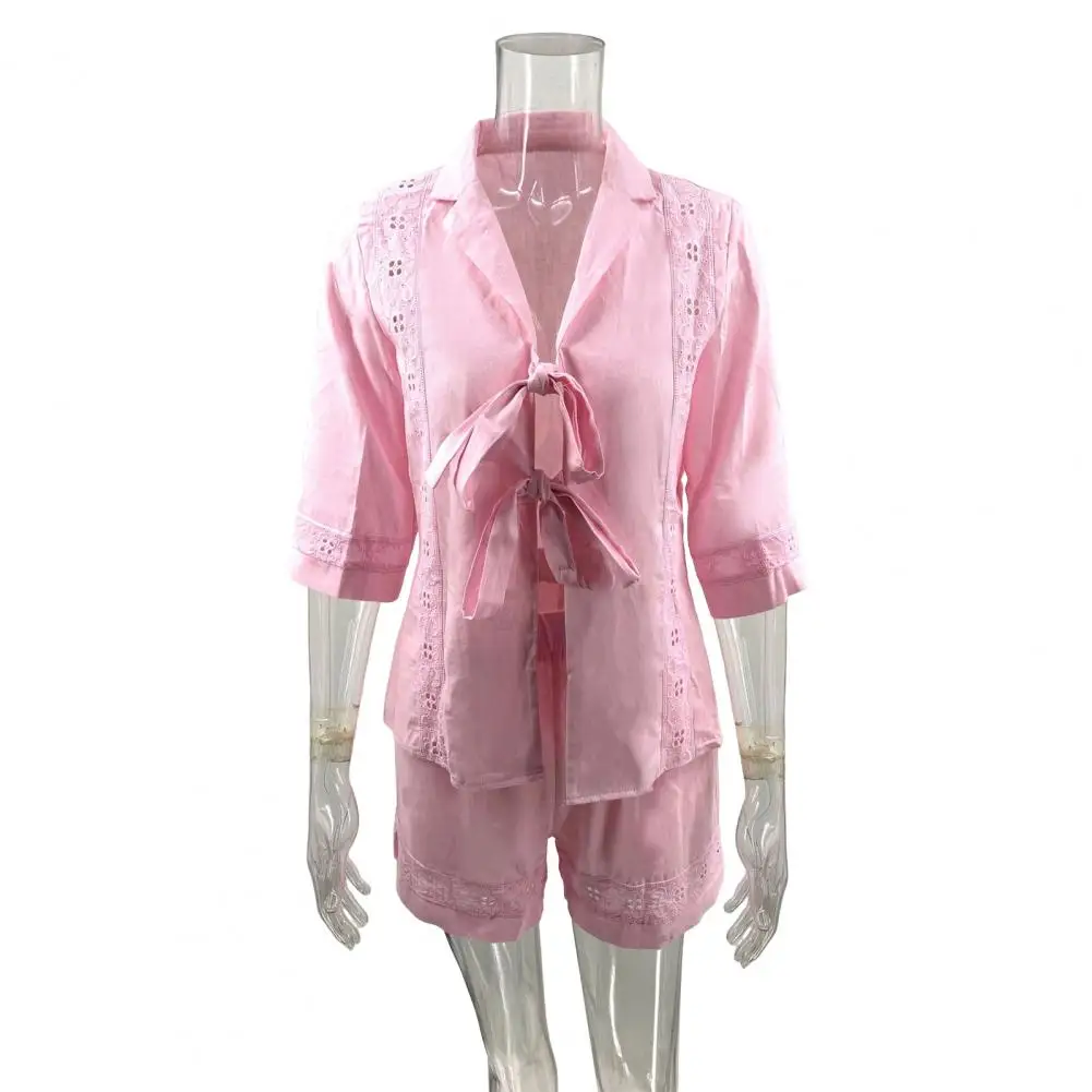 2 Pcs Women Shirt Shorts Set Lace-up Short Sleeve Hollow Out Top Loose Pants Casual Vacation Beach Casual Womens Outfits