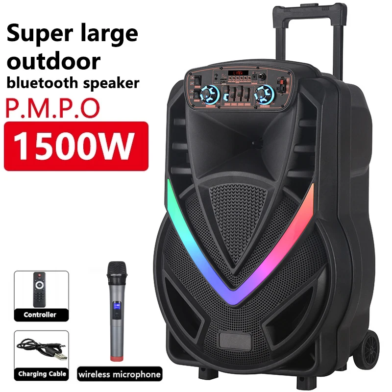 

Peak Power 1500W Wireless 15 Inch Outdoor Bluetooth Speaker 40W High Power Karaoke Party Subwoofer with Mic Remote Control Audio