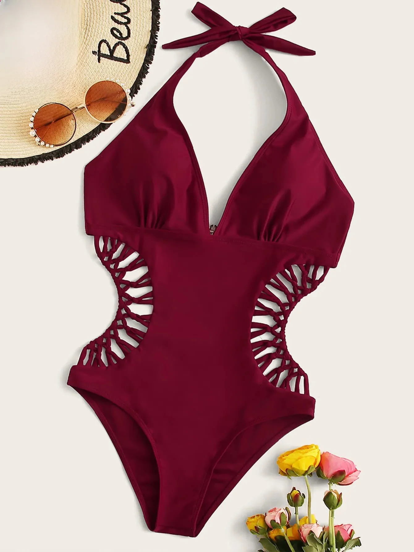 Sexy Hollow out Backless Bikini One Piece Swimsuit for Women Beach Vacation Crossbody Strap Pure Color Swimwear