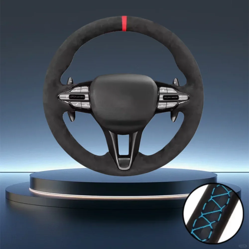 Luxury Hand-Stitched Non-Slip Suede Steering Wheel Cover in Black