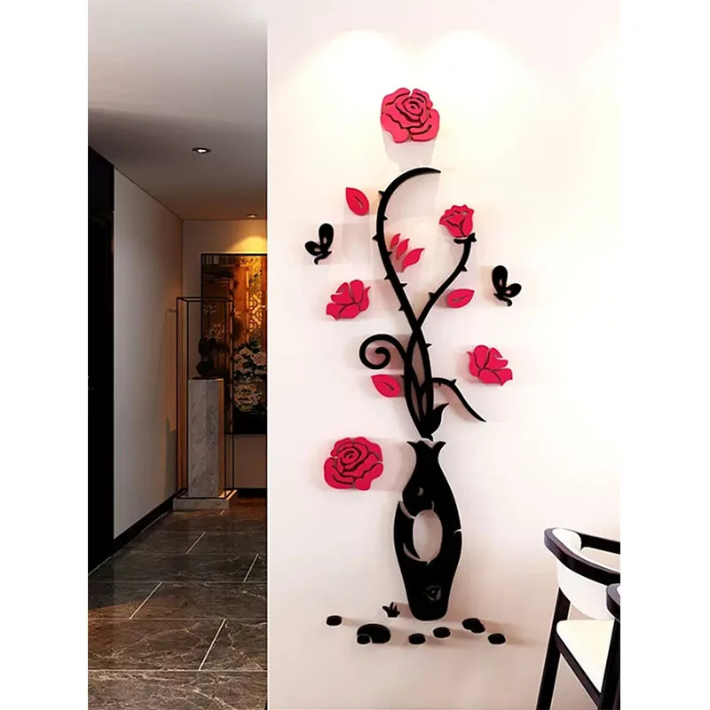 

Black Red Flower Print Wall Sticker Acrylic Wallpaper Porch Living Room Decor DIY Wall Decals TV Background 3D Paster Pastoral