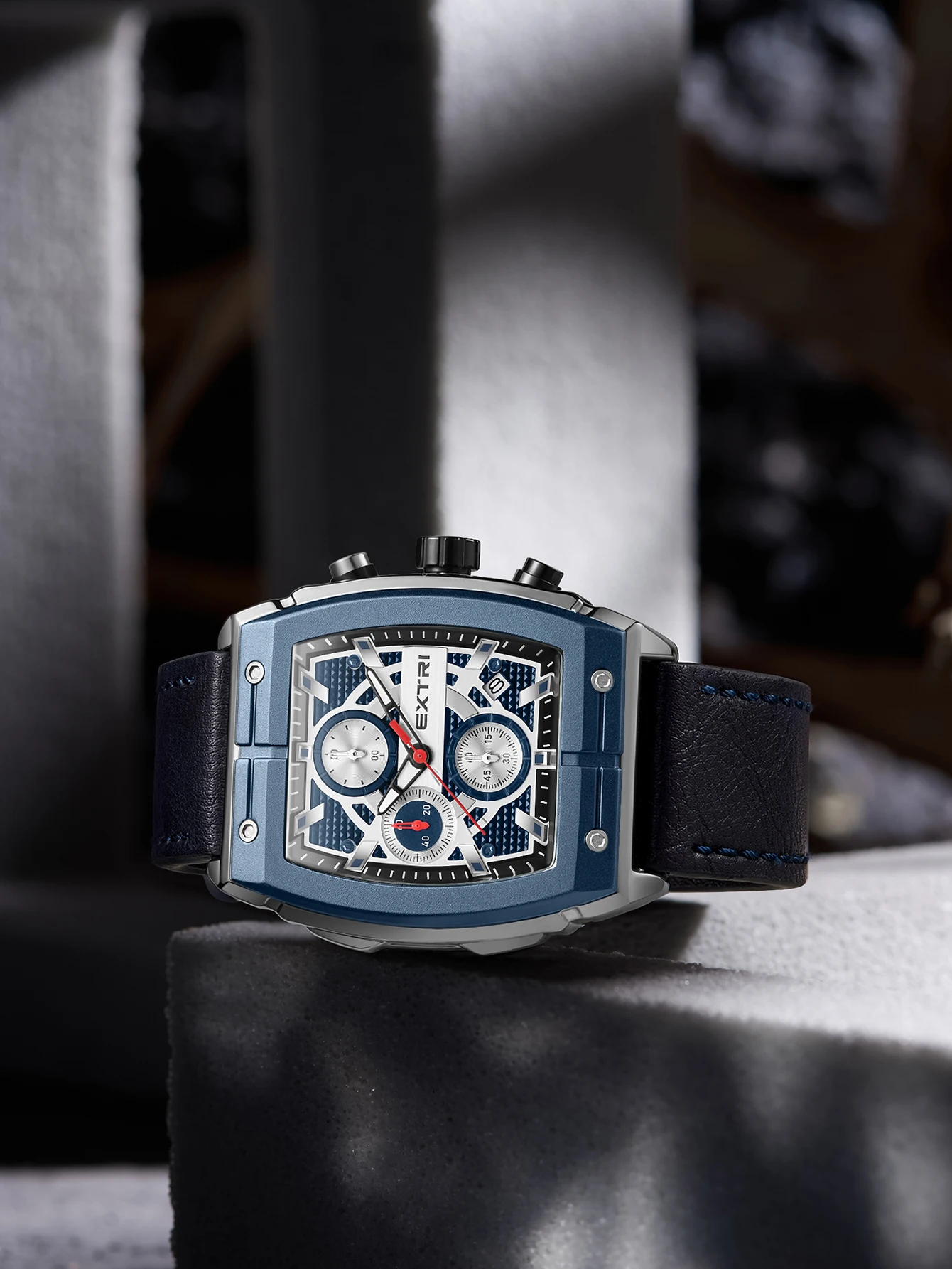 Extri Mens Chronograph Watches New Rectangle Blue Case Famous Brand Luxury Leather Sport Watches Free Shipping With Gifts Box