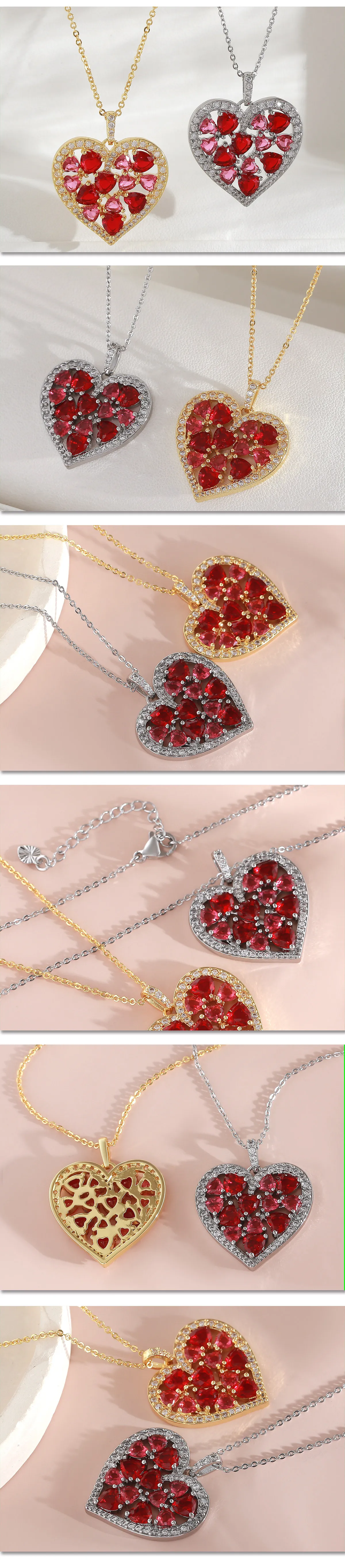MHS.SUN Süße rosa rote Herz-Anhänger-Halskette für Frauen und Mädchen, weiße CZ-Liebes-Herz-Schlüsselbeinkette, täglicher Hochzeitsschmuck – Detail 18