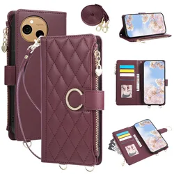 Quilted Zipper Wallet Phone Case with Crossbody Strap and Card Holder for Sharp Sense8 (Red)