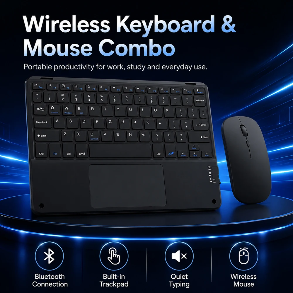 Ultra-Slim Portable Bluetooth Keyboard with Touchpad - Rechargeable and Silent